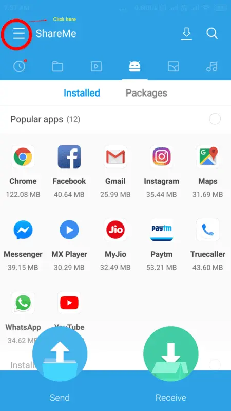 3 dot lines shareme midrop app 2019